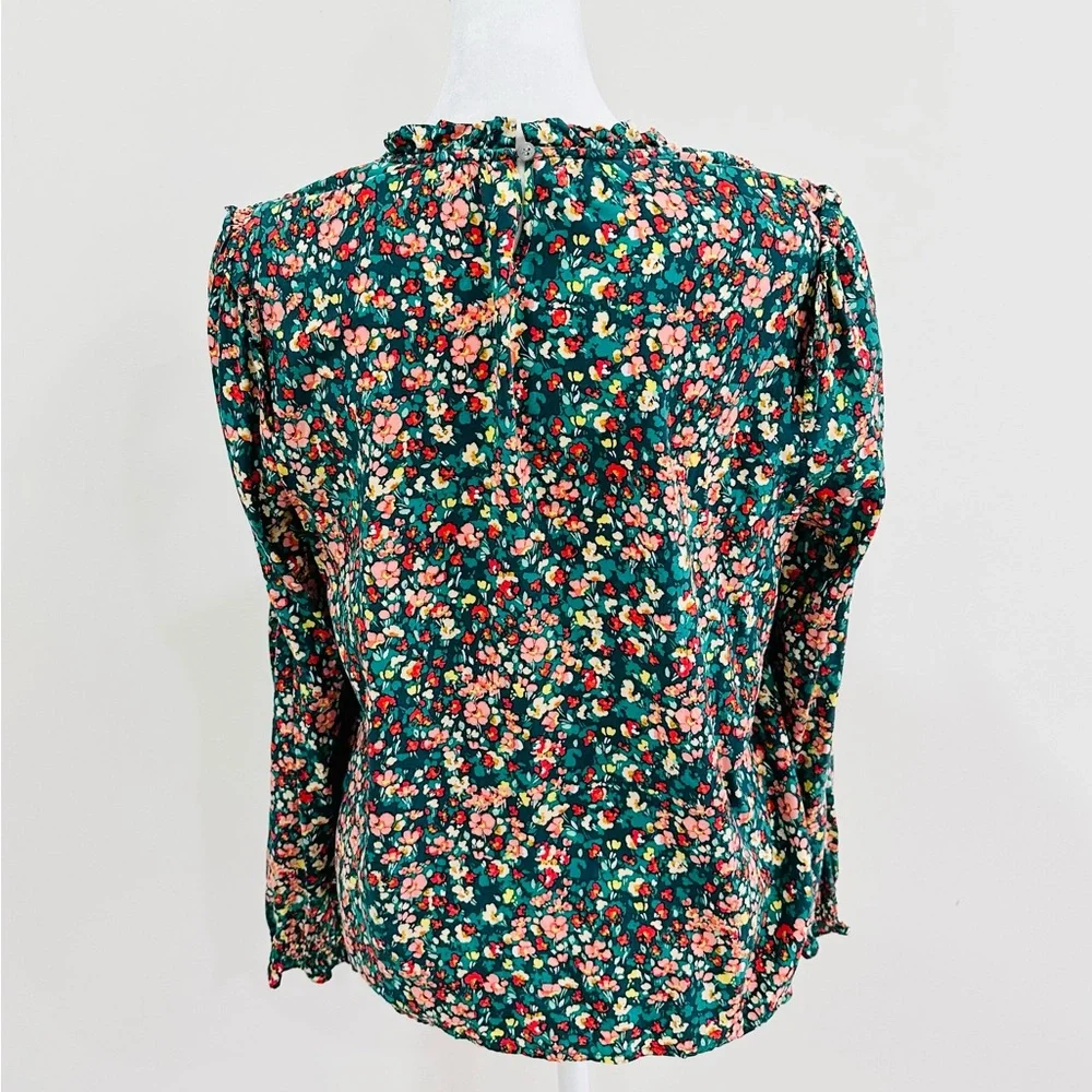 J. Crew Factory Smocked Ruffleneck‎ Top Small Viscose Multicolor